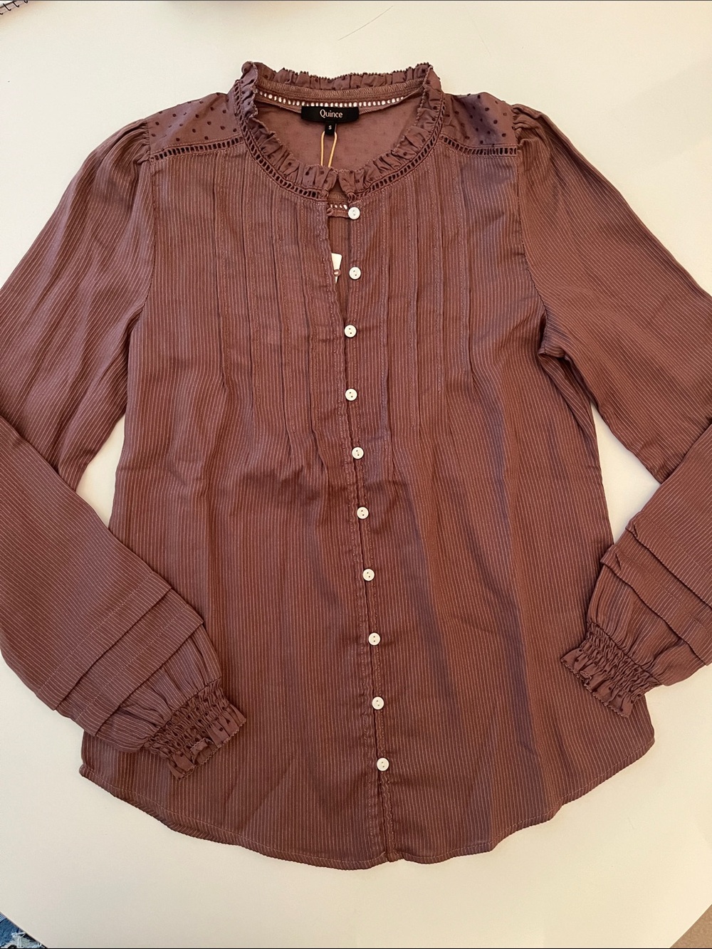 NWT Quince Textured Organic Cotton Peasant Blouse, size S, Taupe Brown - Picture 4 of 11